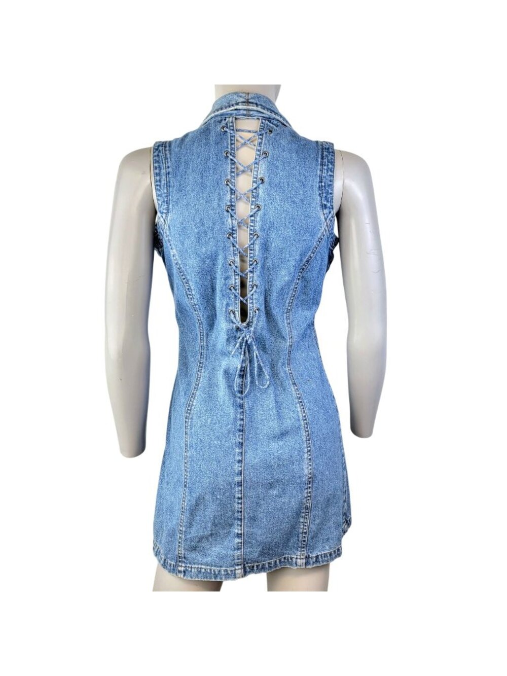 Squeeze Jeans Vintage 90s Denim Mini Dress Women Small Lace Up Button Sexy Retro